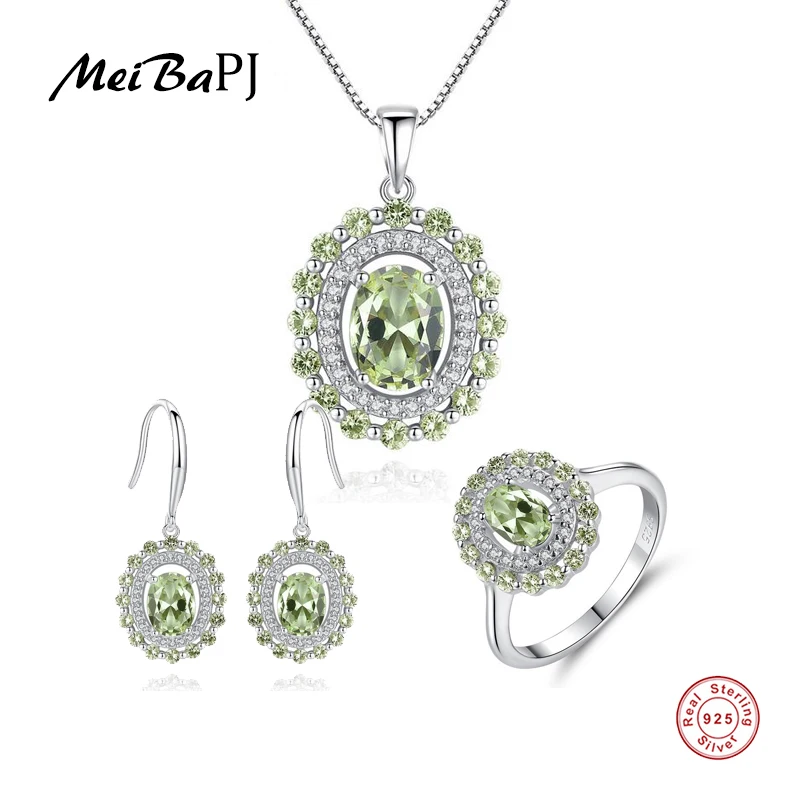 

MeiBaPJ Peridot Stone 3 Suit Jewelry Set Real 925 Sterling Silver Pendant Earrings Ring Fine Charm Jewelry for Women