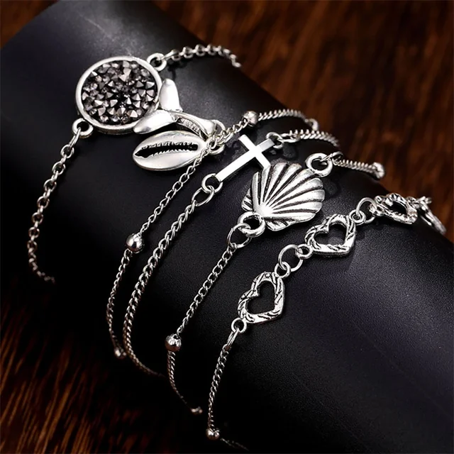 5 unidades/juego de pulseras de Vingtage para mujer, corazón de amor Cruz bohemio, Concha, colgante de pez, pulseras de amistad, brazalete de regalo 5 unidades/juego de pulseras de Vingtage para mujer, corazón de amor Cruz bohemio, Concha, colgante de pez, pulseras de amistad, brazalete de regalo