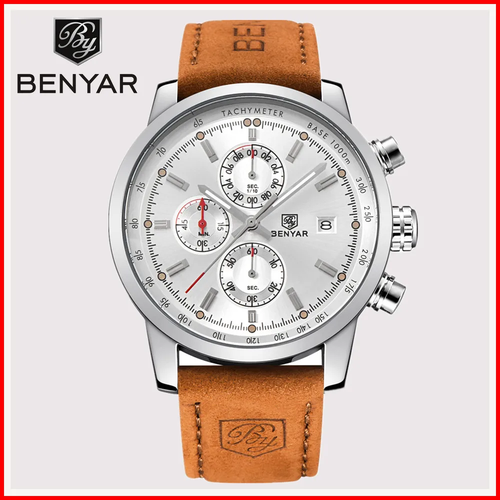 

BENYAR Luxury Brand Quartz Watch Men Sport Leather Waterproof Chronograph Military Watches Relogio Masculino erkek kol saati