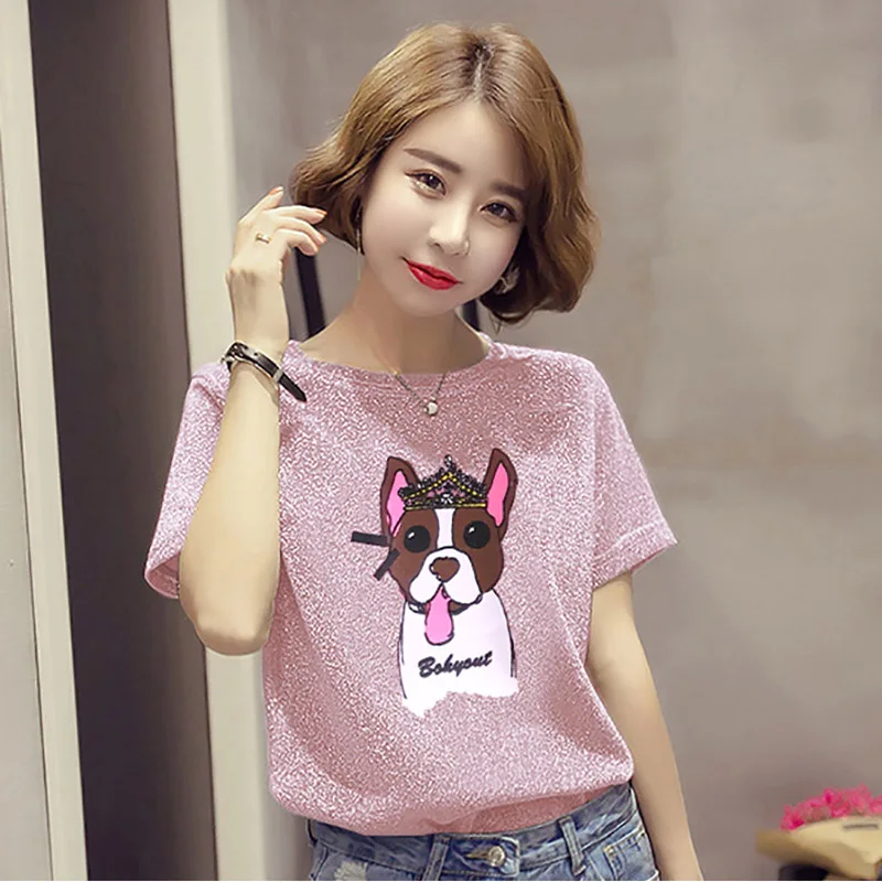 

Women T-shirt Modis Summer Short Sleeve Solid O-neck Printing Pink Female T Shirt Loose Casual Fashion Femme Tops Student Tshirt