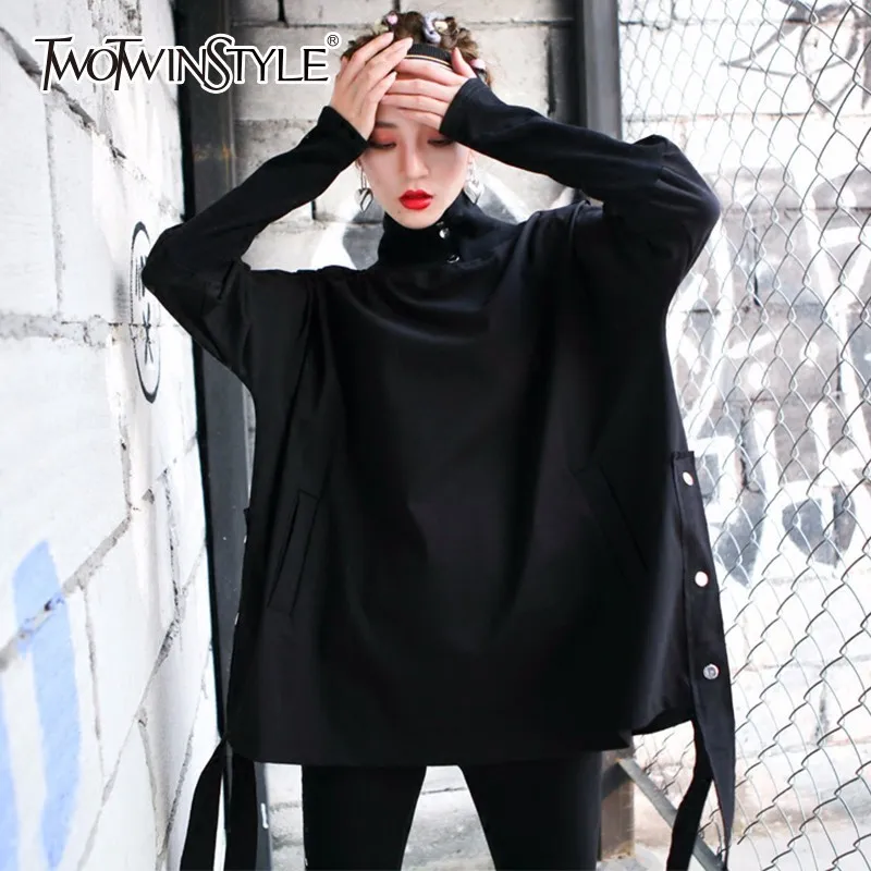 

TWOTWINSTYLE Turtleneck Hoody For Women Ribbon Batwing Sleeve Pocket Black Pullover Top Female Spring Fashion Harajuku Clothing