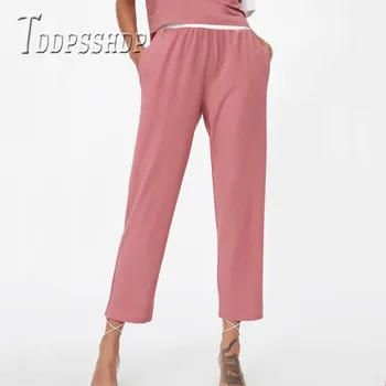 

2019 Candy Pink Color Knitted Women Pants Elastic Waist Female Trousers