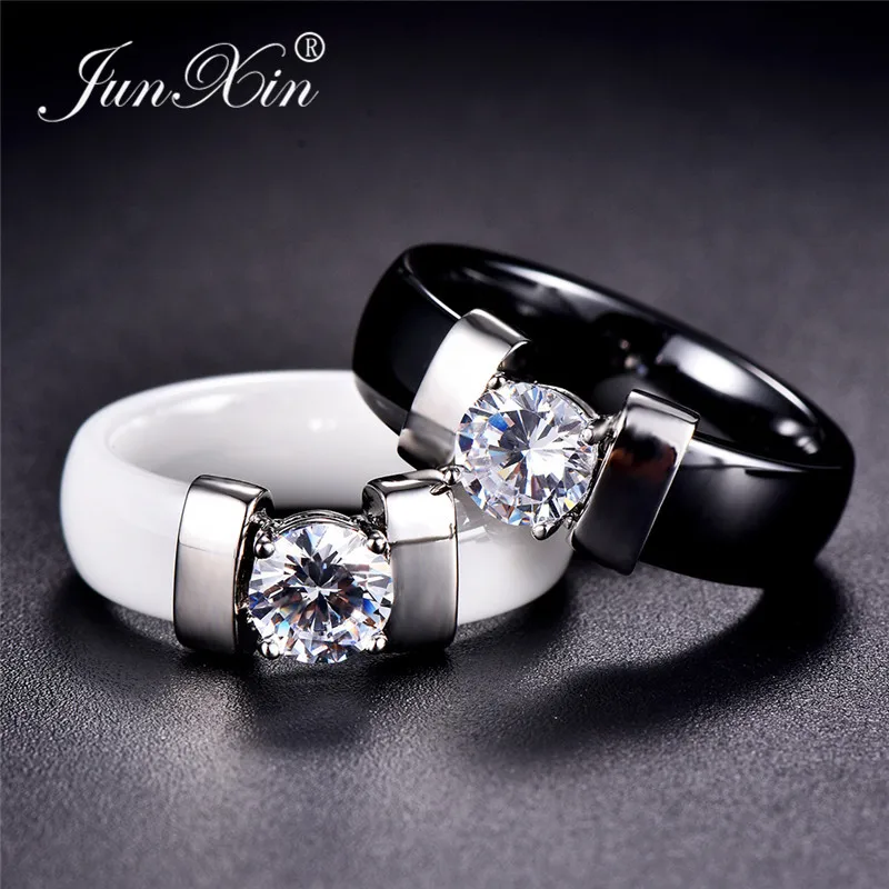 JUNXIN Female Male Black White Ceramic Rings For Couples Silver Gold Metal Round Zircon Crystal Wedding Rings For Men Women Gift
