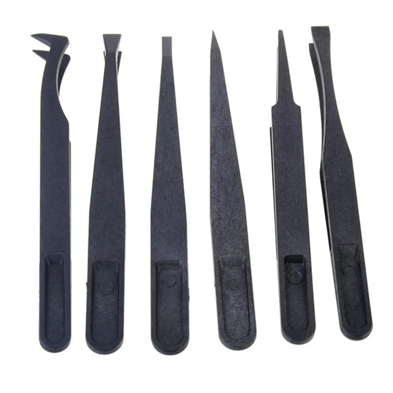 6pcs Black Anti static Plastic Tweezers Heat Resistant Repair Toolin