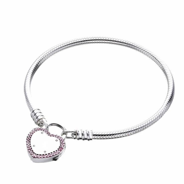 

2018 New 100% 925 Sterling silver Heart Shaped Lock Pink CZ Snake Chain Original panqiou Charm Bracelet For Women Fine Jewelry