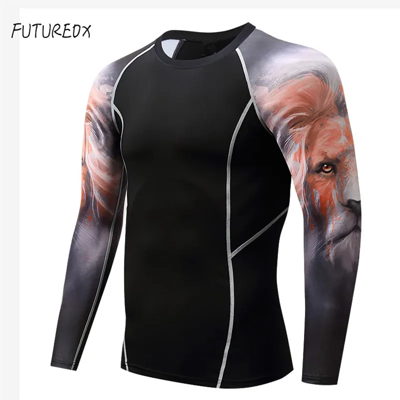 

High stretch new bicycle sports fitness base layer compression shirt men's anime long sleeve 3D lion head fitness jerse