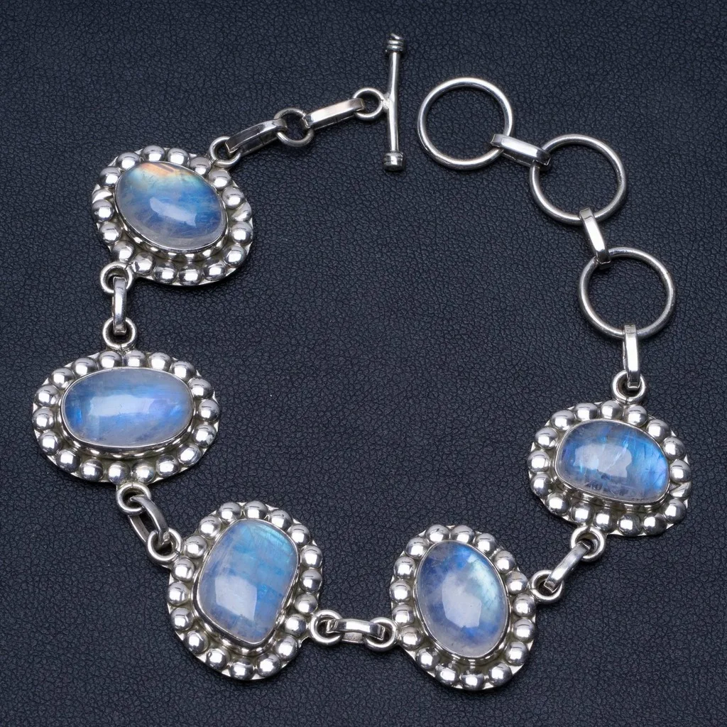 

Natural Rainbow Moonstone Unique Punk Style 925 Sterling Silver Bracelet 6 3/4-8" P2305