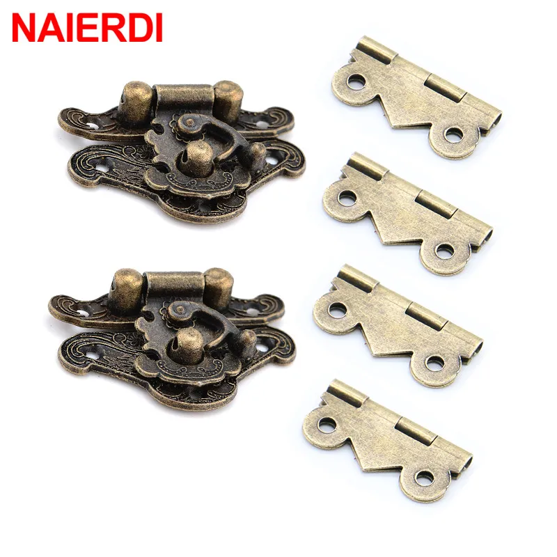 NAIERDI 2Pcs Antique Bronze Jewelry Wooden Box Hasp Latch + 4Pcs Vintage Cabinet Hinges Mini Door Hinges Furniture Accessories