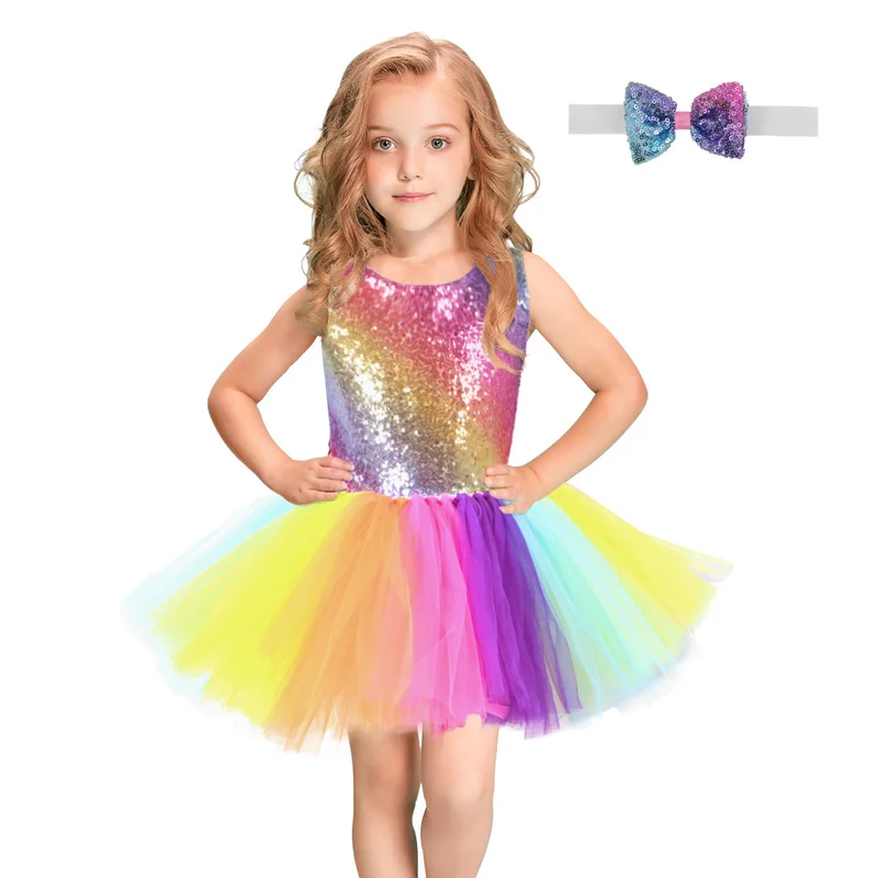 Children dress princess Sequined rainbow dress Stage performancedresses
