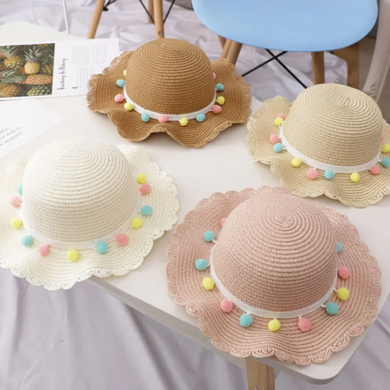 

Hat Bag Set Wavy Straw Hats Colored Balls Cap Single Shoulder Bag for Kids Spring Summer Beach BB55