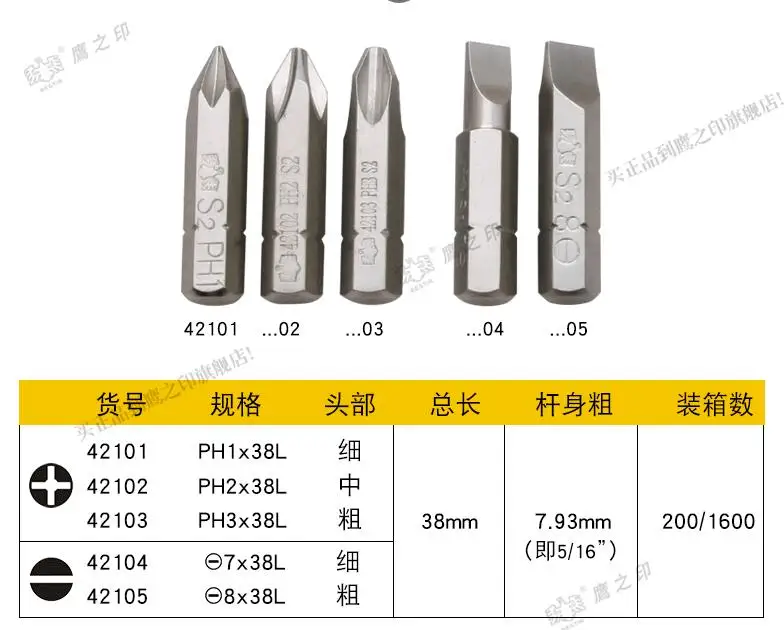 

BESTIR taiwan tool S2 alloy steel HRC60-62 H7.93mm 5/16"dr. phillips/slotted/hex bits screw tool accessories PH1 PH2 PH3 -8 -7
