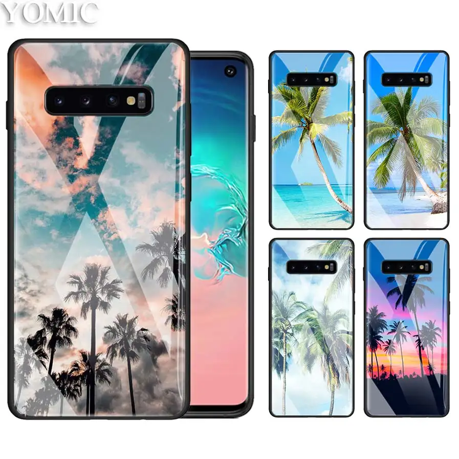 

Tempered Glass Phone Case for Samsung Galaxy A50 A30 S10e S9 S8 S10 Plus Note 9 10 Cover Coque Bag summer Beach Sunset Palm Tree