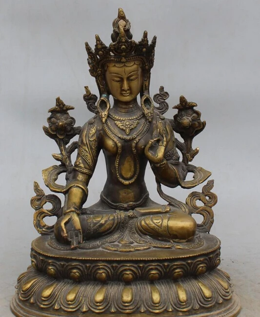 

12"Tibet Buddhism Temple Bronze 7 Eyes White Tara Kwan-Yin Goddess Buddha Statue R0707