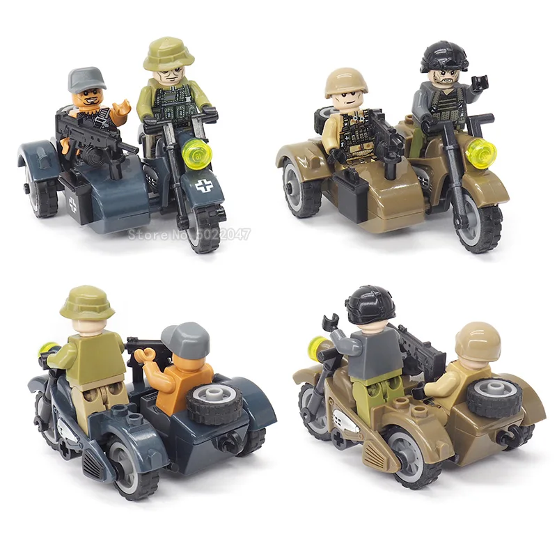 

Legoinglys Military Double Motorcycle ww2 Building Blocks Figures Weapons Citys Patrol Car Moto Boy Equipment Assemble Gift Toy