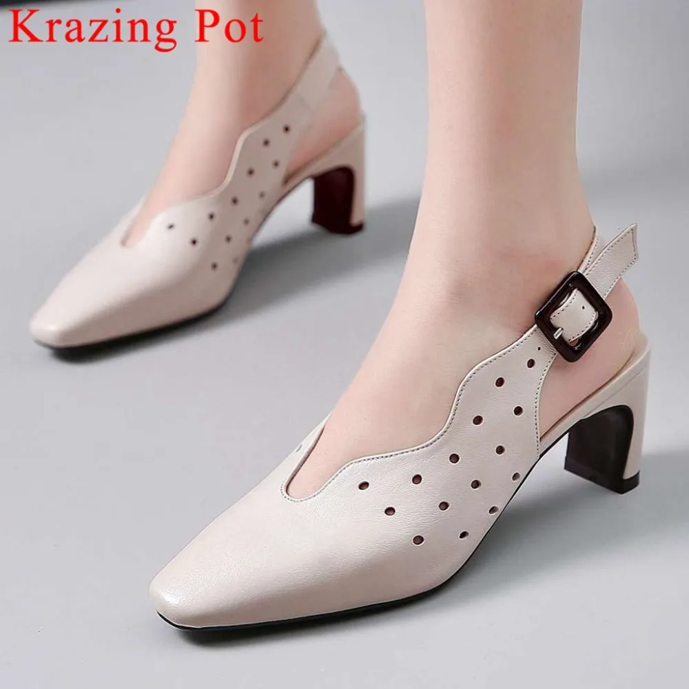 

Krazing Pot British style high quality natural leather buckle strap high heels square toe slingback plus size women pumps L6f2