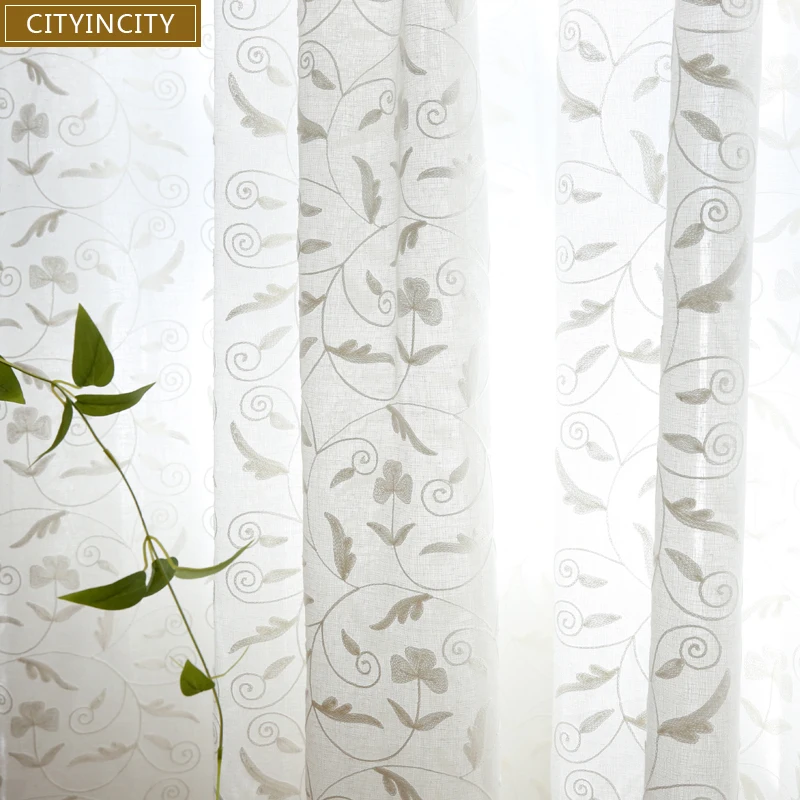

CITYINCITY Embroidered Voile American Leaves White Tulle Soft sheer Curtains for bedroom Living room Window Curtain Customized