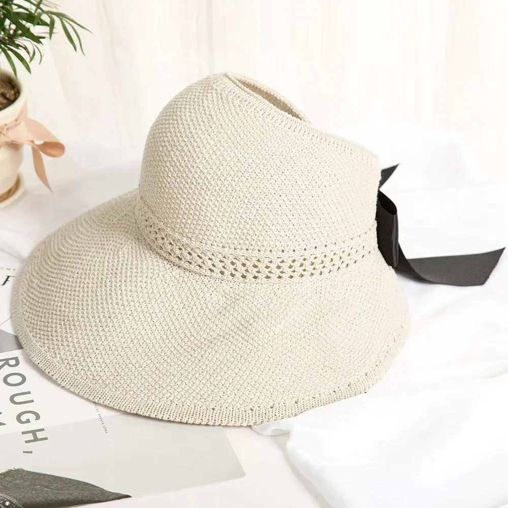 Womens Summer Straw Sun hat Wide Brim Empty Top Sun Hat Beach Cap
