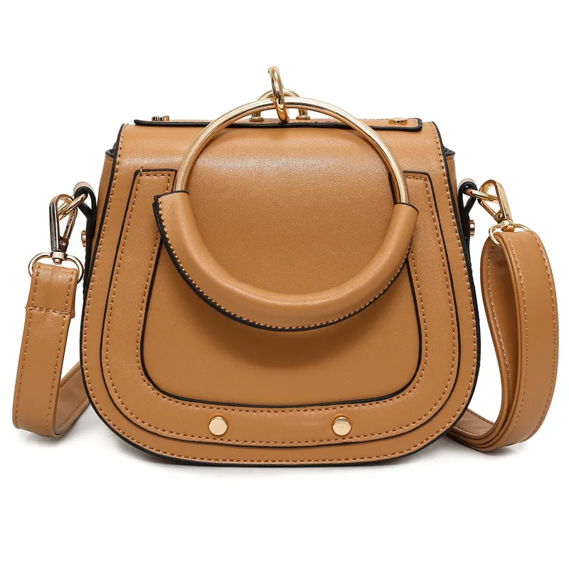 

Girl Saddle Bag Female Handbag Metal Ring Handle Rivet Cover Hasp High Quality Shoulder Pu Leather Vintage Fashion Designer Sac