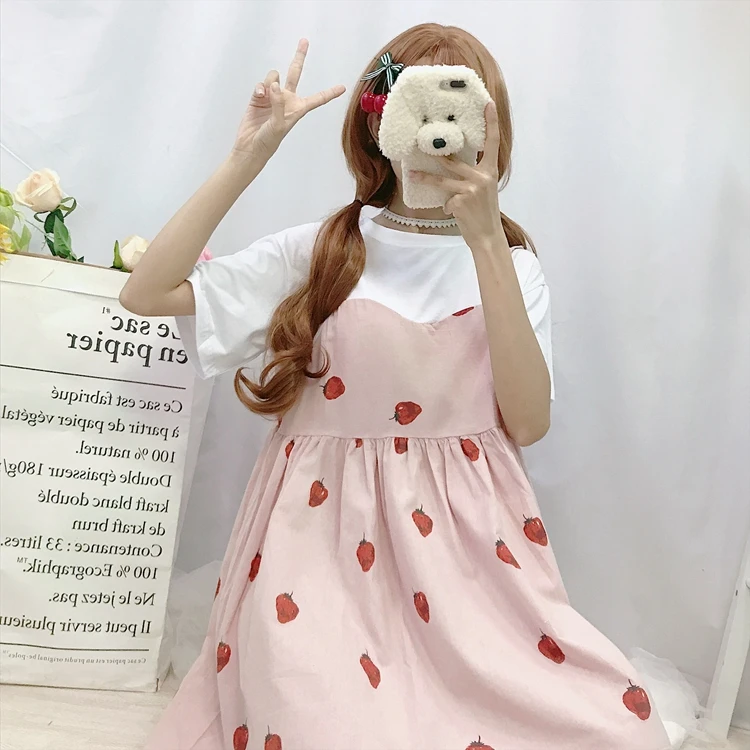 Милое милое платье с принтом клубники и высокой талией женские милые платья Kawaii