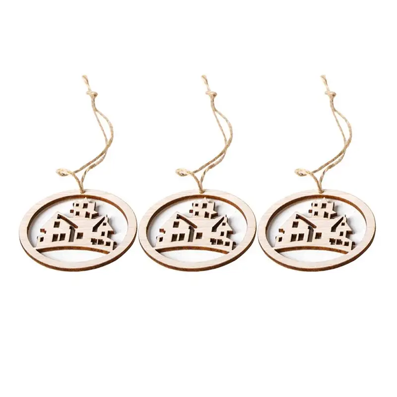 

3pcs Wooden Halloween DIY Ornaments Hanging Tag Carved Castle Haunted House Hollow Out Hanging Decor With Hemp Rope