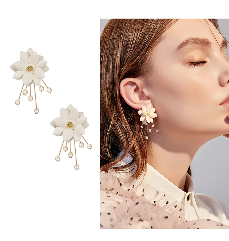 

Elegant White Flower Clip On Earrings Non Pierced for Women Imitation Pearls Camellia No Ears Hole Ears Clip Earrings