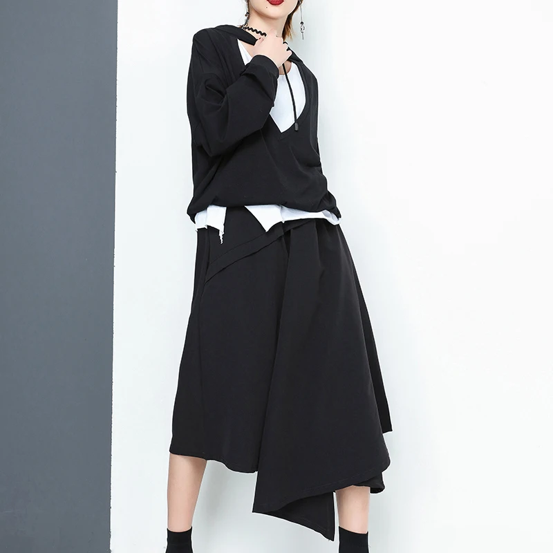 

[EAM] 2019 New Spring High Elastic Waist Black Fold Irregular Hem Big Size Half-body Skirt Women Fashion Tide Al-match JE54001