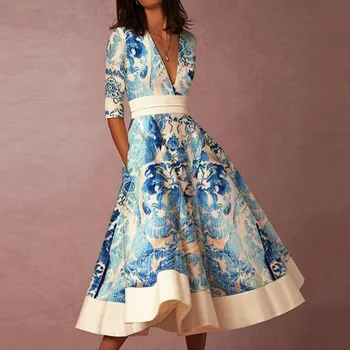 

Vintage Dress Women Fashion Deep V-Neck Half Sleeve Printed Evening Party Dresses Elegant Ladies Formal Dress Vestidos Femme