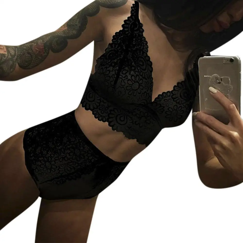 

MISSKY 2PCS/Set Sexy Women Black White Solid Color Underwear Panties Hot Lingerie Lace Bra and Briefs