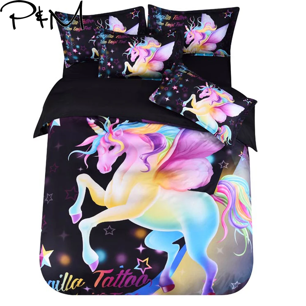 

PAPA&MIMA Dropshipping 3D unicorn print bedding set microfiber Fabric Duvet Cover sets Pillowcases king Queen Double twin size