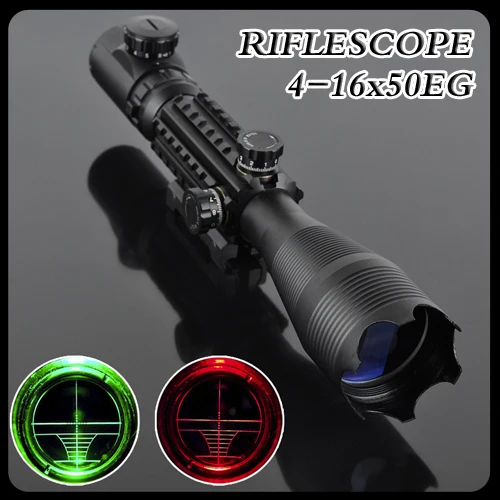 

4-16x50 Red Green Lens Illuminated Reticle Riflescope Sniper Scope Black 20mm Rail 2019 Fishbone Mounts For Hunting