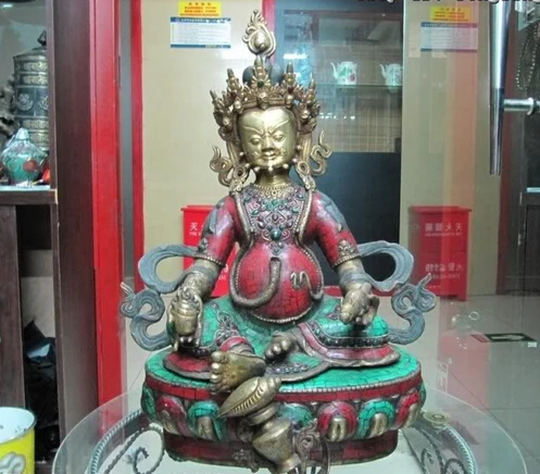 

004064 Tibet Fane Old Bronze Copper inlay turquoise coral Yellow Jambhala Buddha Statue