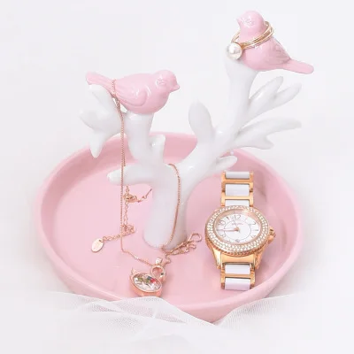 

Porcelain Makeup Organizer Tree Bird Design Jewelry Box Dressing Table Cosmetic Organizer Ring Necklace Display Plate Holder