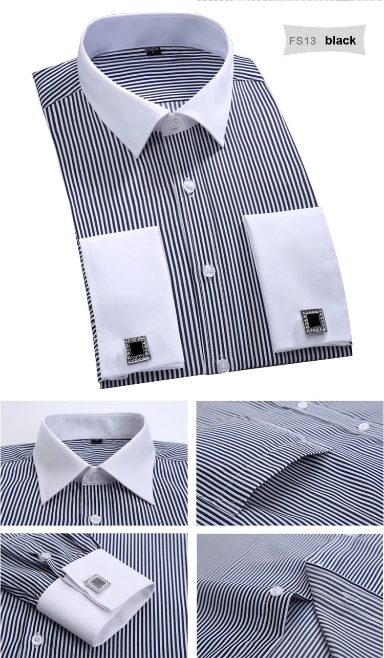 Дизайн белый в полоску французские запонки Для мужчин рубашки с длинным рукавом Французская запонка вечерние Для мужчин рубашки плюс Размеры 4XL 46