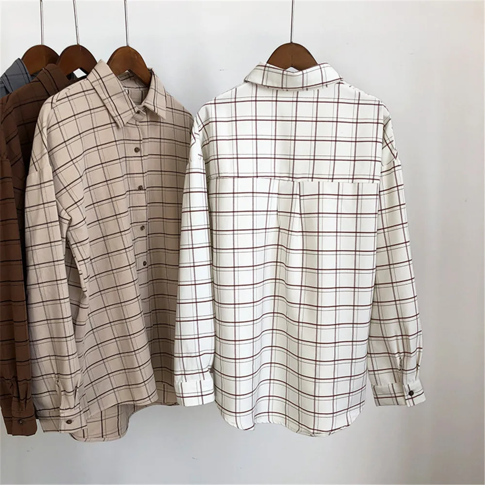 Loose cotton Checkered plaid College blouses shirt 2018 Cage female long sleeve Casual women Blouse shirt office lady tops (7)