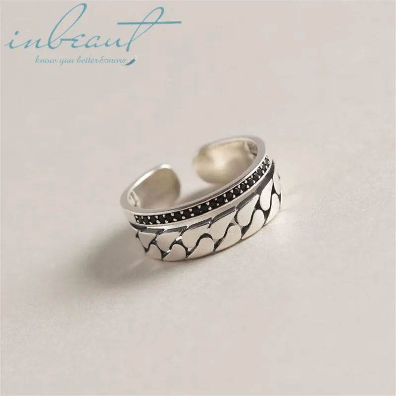 

inbeaut S925 Sterling Silver Black Micro Zircon Wide Ring Original Design Korea 925 Retro Stone Ring for Women Fine Jewelry