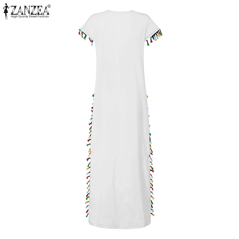 ZANZEA Plus Size Bohemian Floral Printed Sundress Women Summer Short Sleeve Split Hem Long Vestido Robe Casual Tassels Dress