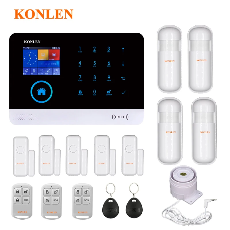 

Voice LCD WIFI GSM Home Security Alarm System RFID Wireless Russian Spanish SMS Call App Alert Android IOS 5 Door 4 PIR Detector