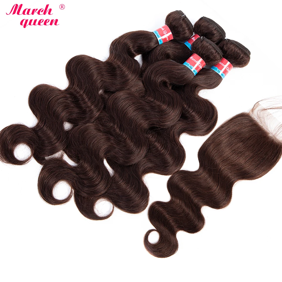 Marchqueen монгольские волосы ткань 4bundles с закрытием кружева #2 темно-коричневый предварительно Цветной объемная волна натуральные волосы