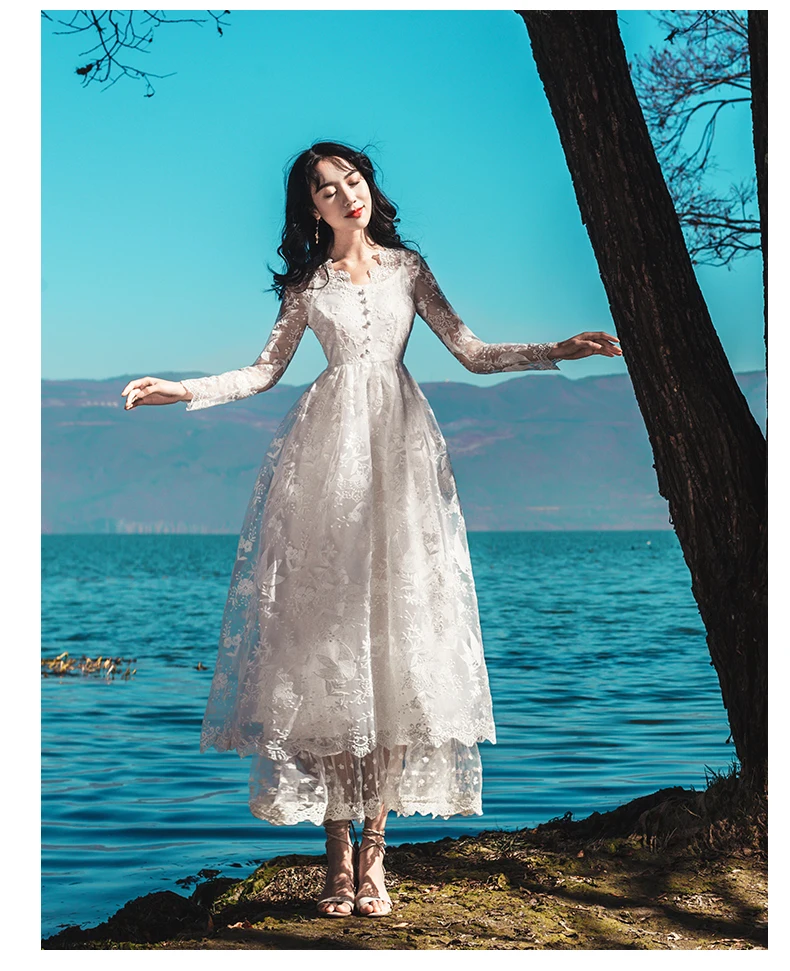 Милое длинное платье принцессы Мори для девочек в стиле ретро; белое платье феи с v-образным вырезом; газовая кружевная вышивка; женское повседневное облегающее платье; Robe Vestidos