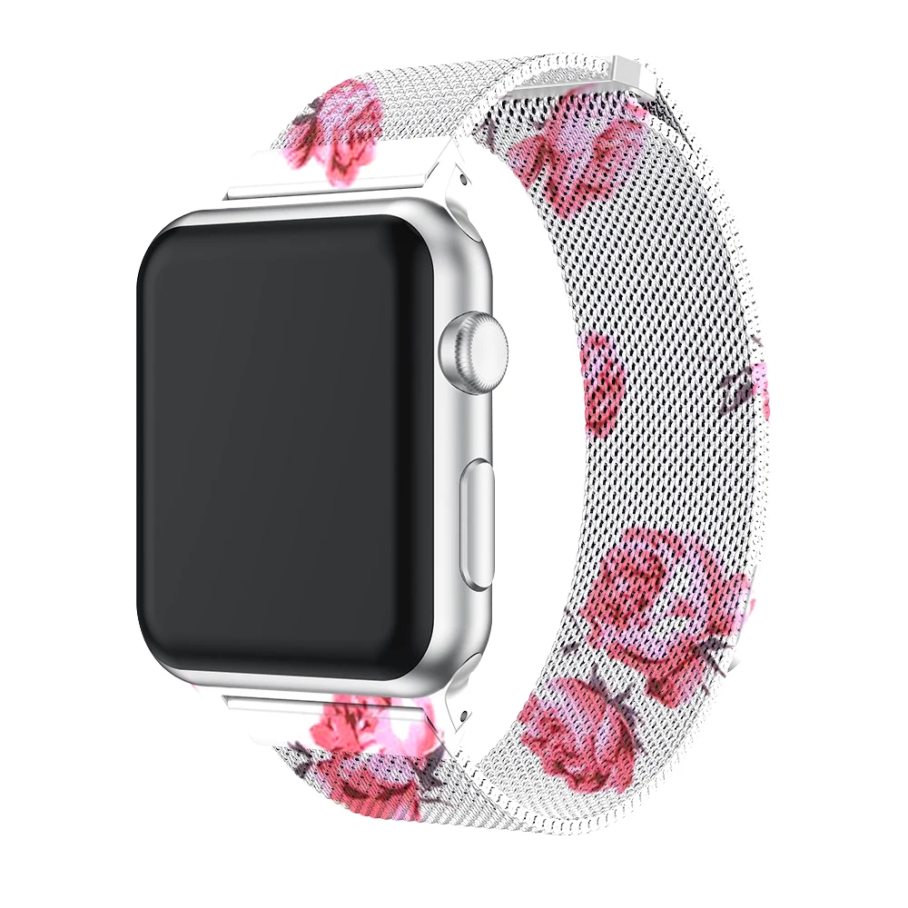 

For Apple Watch Band Floral Stainless Steel Milanese Band with Semicircle Magnetic Closure 38/40mm 42/44mm