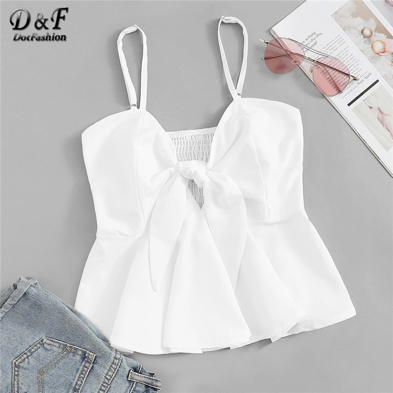 

Dotfashion White Shirred Knot Front Solid Cami Top 2019 Summer Cute Tops For Women Clothing Boho Vest Ladies Young Camisole