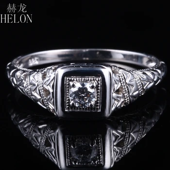 

HELON Round 3mm Moissanites Engagement Ring Solid 10k White Gold Moissanites Vintage Antique Style Wedding Ring Art Deco Jewelry