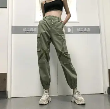 

Women's European Fashion Army Green Color Long Pants Female Elastic Waist Casual Hip Hop Trousers Cargo Pants TB675