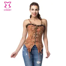 Corzzet Vintage Brown Brocade Zipper Buckle Steel Boned Overbust Straps Corset Lace Swallowtail Waist Trainer Steampunk Corsets Corzzet Vintage Brown Brocade Zipper Buckle Steel Boned Overbust Straps Corset Lace Swallowtail Waist Trainer Steampunk Corsets