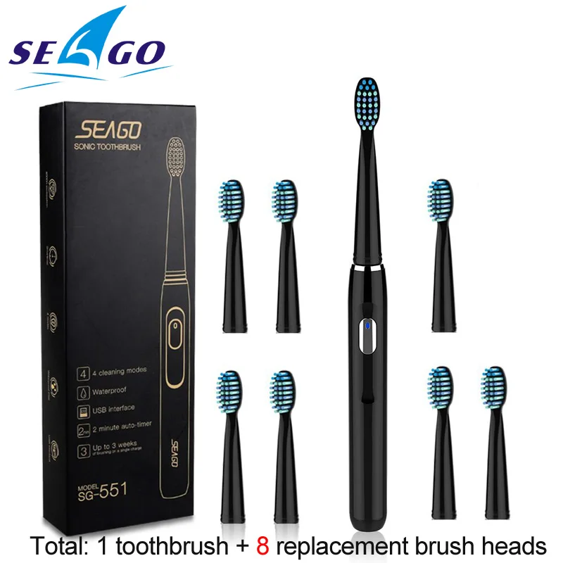 Seago cepillo de dientes eléctrico con 3 cabezales de cepillo de repuesto 2 minutos temporizador y 4 modos de cepillado impermeable SG551