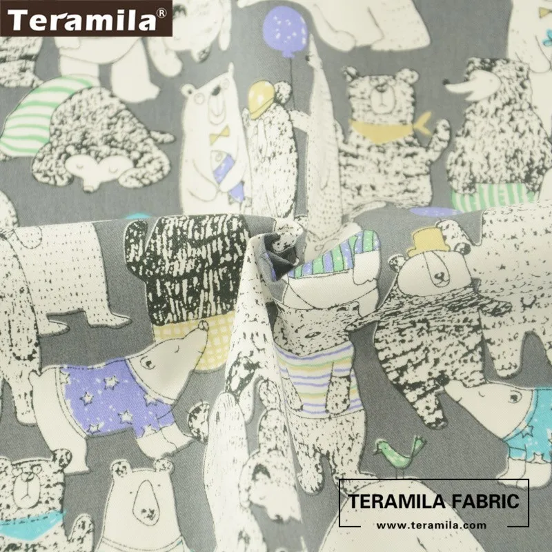 Ткань Teramila с рисунком ленивых медведей 100% хлопок серый саржевый материал