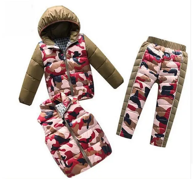 Комплект для мальчиков, зимние костюмы с пуховиками, теплый комплект с пуховым пальто, детская верхняя одежда, комплекты из 3 предметов(пальто+ жилет+ штаны), пуховая одежда для девочек - Цвет: Красный