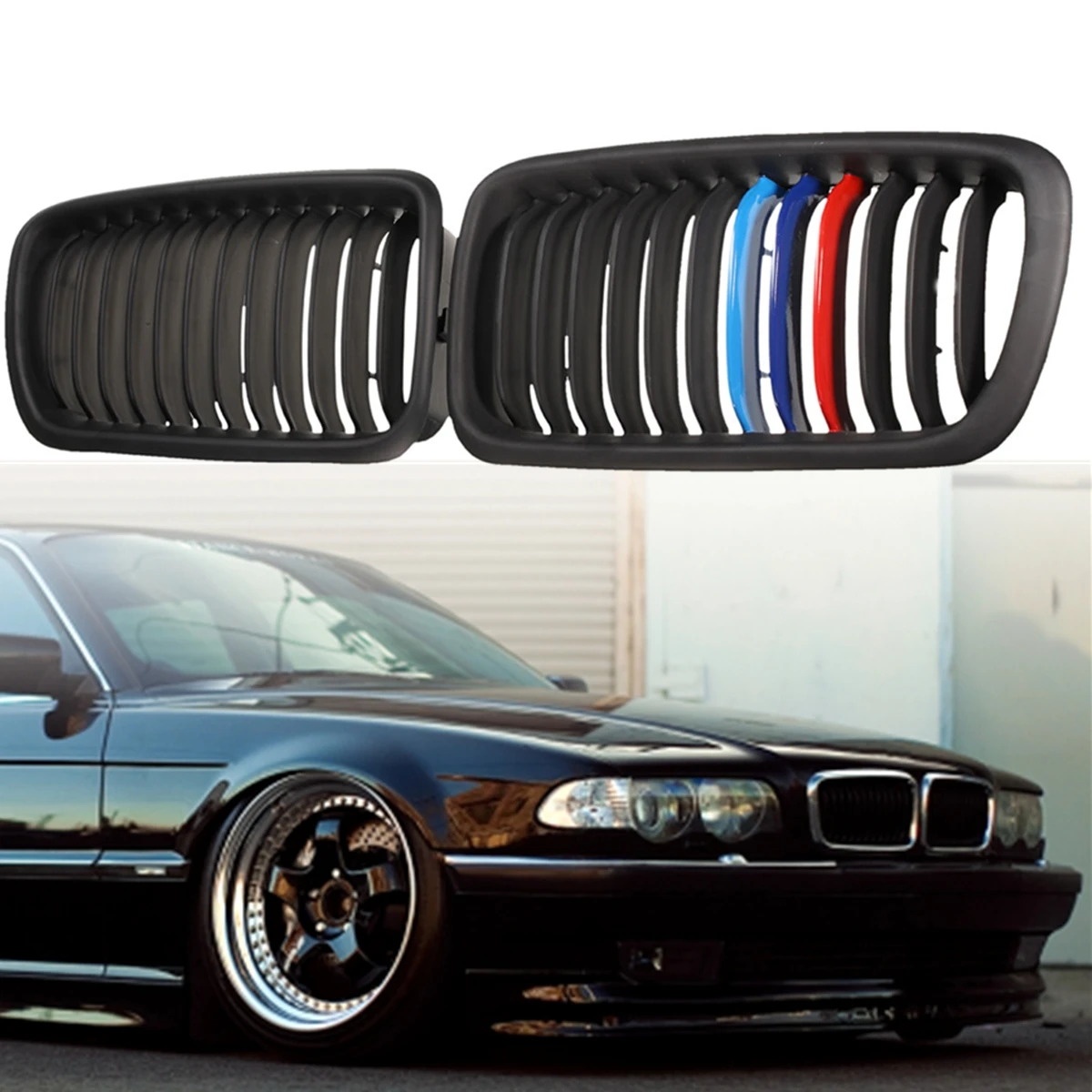 

Front Bumper Kidney Matte Black+M Color Wide Front Grills for BMW E38 M Style 1995 1996 1997 1998 1999 2000 2001