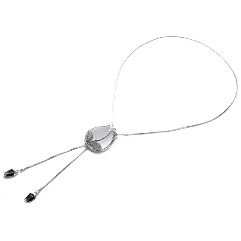

Women Flower Long Adjustable Chain Pendant Sweater Necklace(Tulip white crystal)