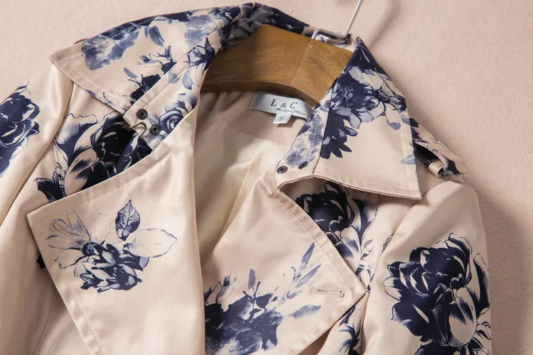 Manches Imprimer Turn 2017 Avec down Automne Double Boutonnage Pleine Collar Manteau Mode Fleurs Ceintures Long Des Date L'europe Femmes Kaki De 01nxgPO